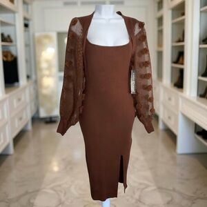 Almost Famous Brown Knit Midi Dress with Floral Sheer Sleeves Sz L